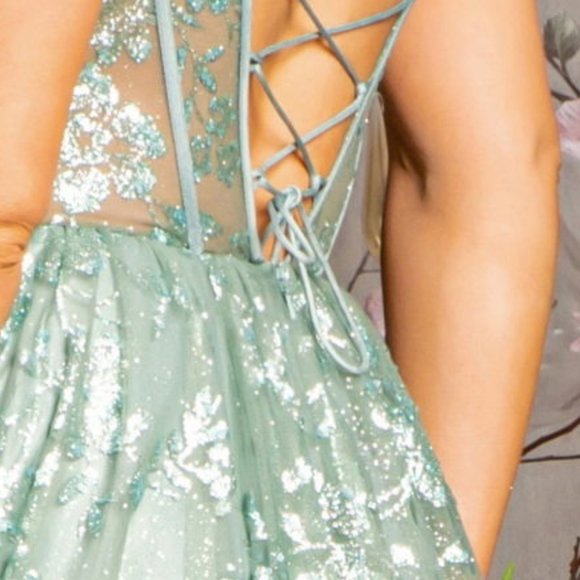 NEW LONG A-LINE SLEEVELESS MESH DRESS WITH LACE UP BACK & SWEETHEART NECK GL3254 - Picture 11 of 12